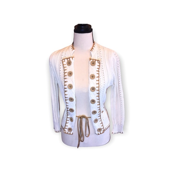 Jessica by Christopher L Open Front Cardigan Knit Sweater Cream and Tan Button - Picture 1 of 8